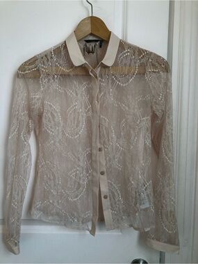 GUESS MARCIANO Sheer Lace Button-Up Shirt - Cream